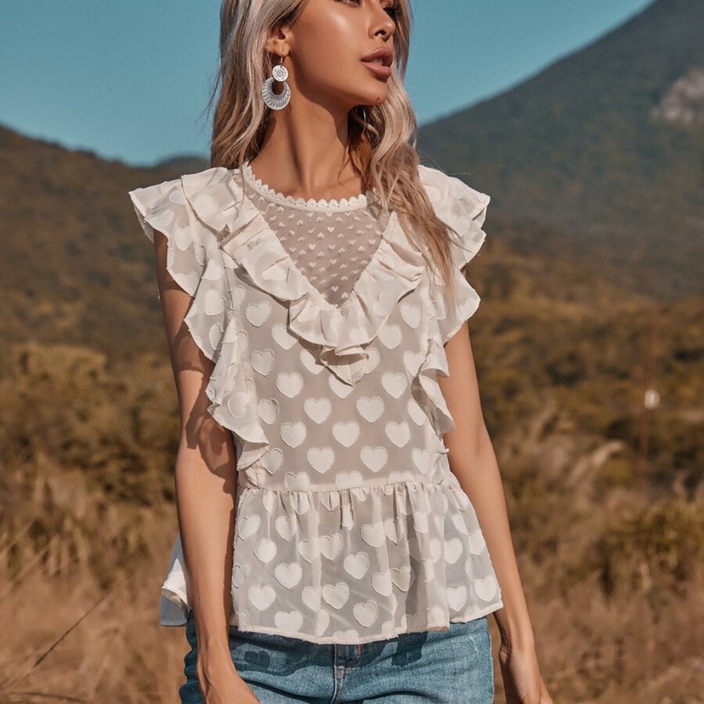 white boho ruffle hearts lace peplum blouse vday - Picture 2 of 4